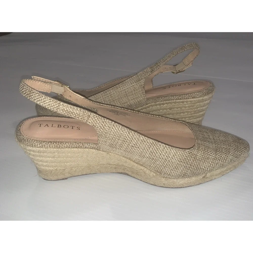 Talbots Vivi Raffia Slingback Espadrille Wedges Beige Canvas Preppy Size 8.5M